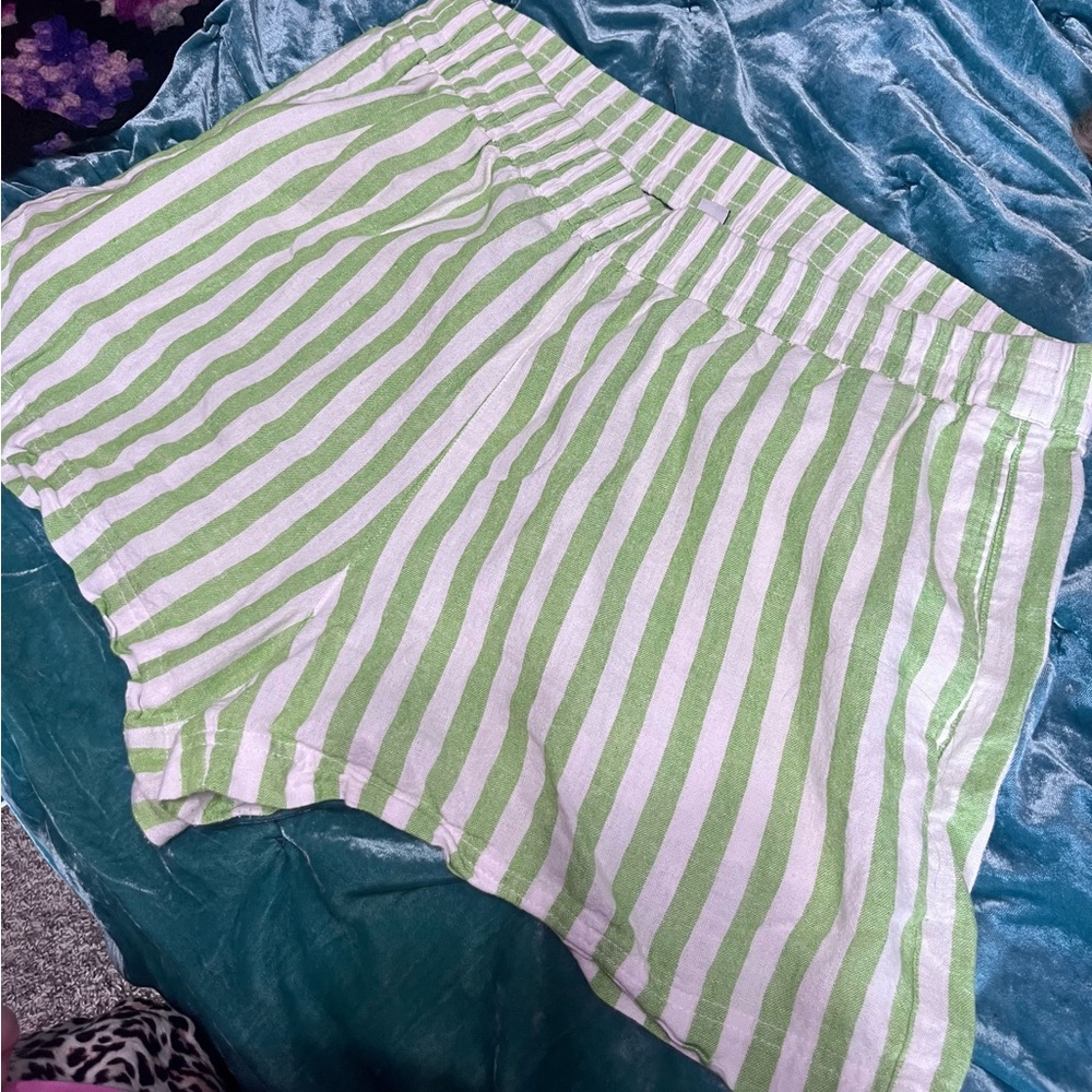 Green and White Striped Women's Shorts